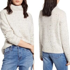 Madewell Speckled Ribbed Mock Neck Sweater Cream Gray Wool Blend Size Small